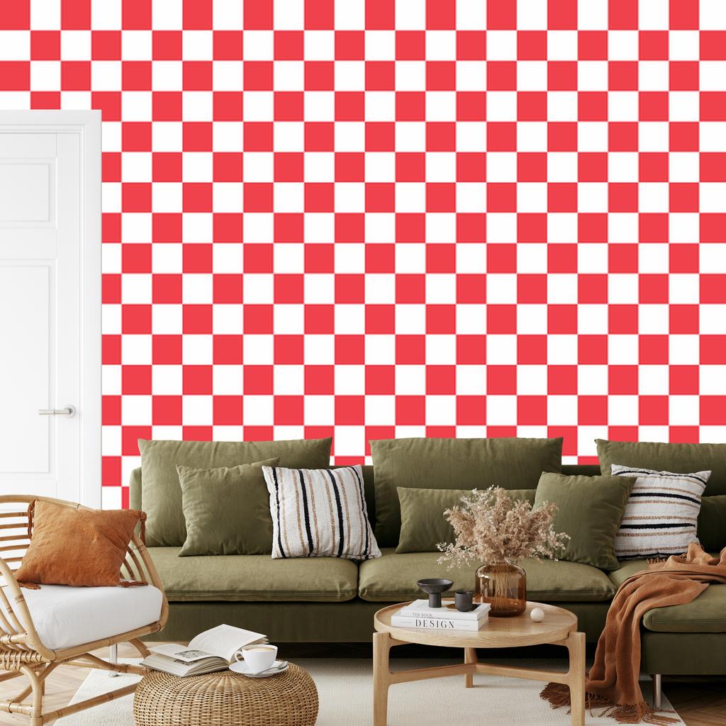 Checkerboard wallpaper, white and red, coral background, 50x1000