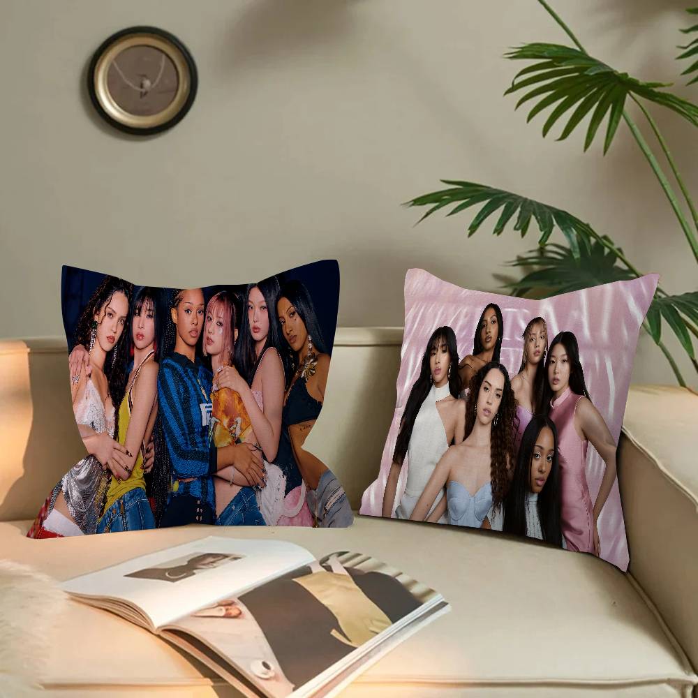 Kpop Style Band K-Katseyes Pillow Covers Cartoon Sofa Decorative Home Double-Sided Printing Short Plush Cute Cushion Cover