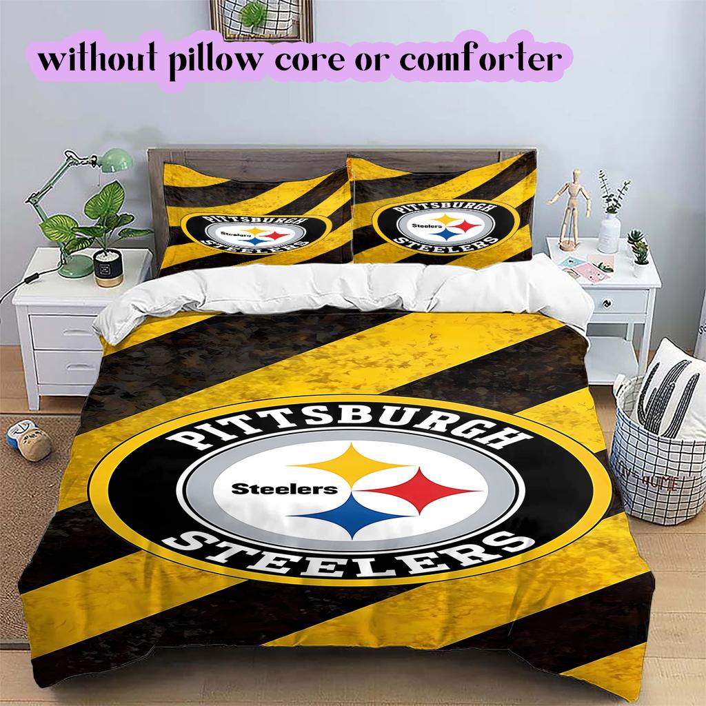 Pittsburgh Steelers Vzorovaná Sada Povlečení Prošívaná Přikrývka Povlak na Polštář Domácí Dekorace Narozeninový Dárek (1 * povlak na peřinu + 2 * povlak na polštář, bez jádra)