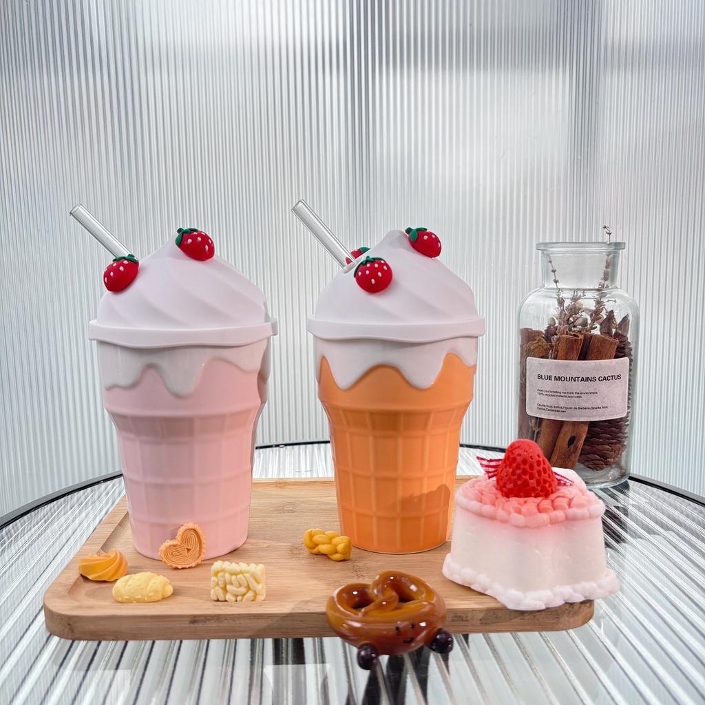Cute Creative Ice Cream Mugs for Women 300ml Strawberry High Aesthetic Ceramic Cup with Lid Straw Household Exquisite Water Cup