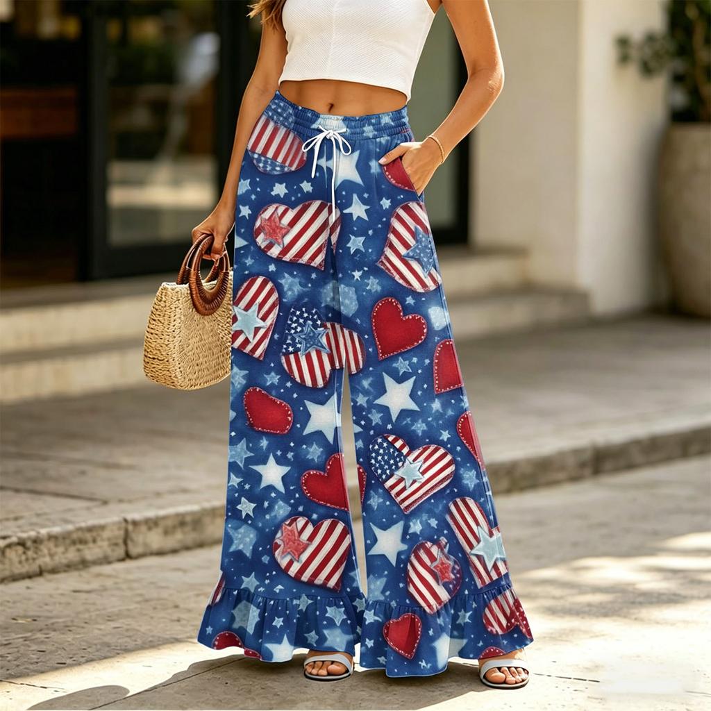 Women's High Waist Wide Leg Pants with Drawstring Pockets Casual Loose Fit Long Trousers Comfortable Lightweight Fabric Elastic Waistband