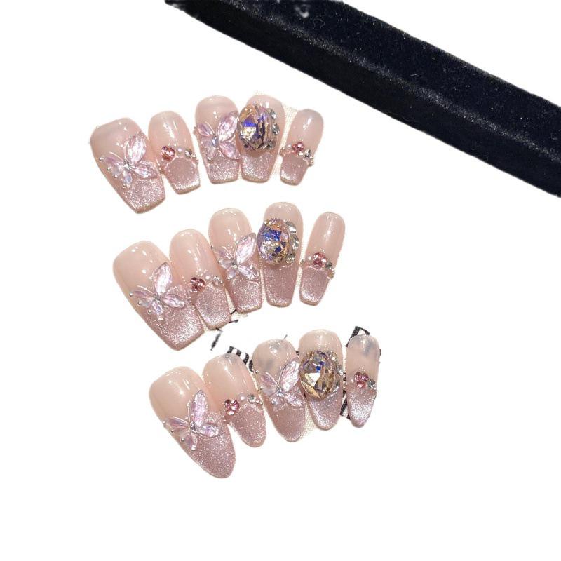Summer Night Dream: Handcrafted Gel Blush Cat Eye Nails with 3D Butterfly & Ice Crystal Design, Detachable