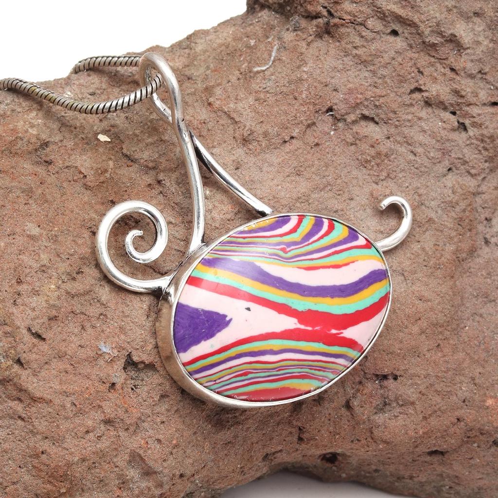 Pandantiv unisex din argint, lucrat manual, cu piatră prețioasă Calsilica curcubeu, pentru femei, 2