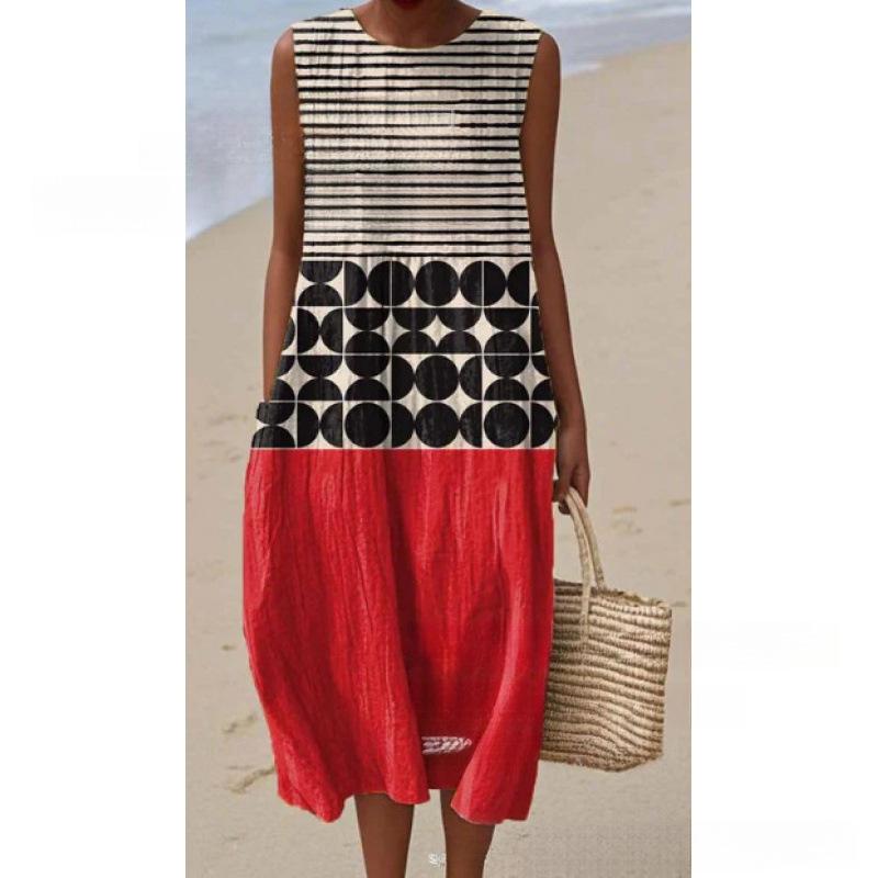 European and American New Summer Flower Ocean Printing European Size Round Neck Sleeveless Long Dress Creative Loose Dress