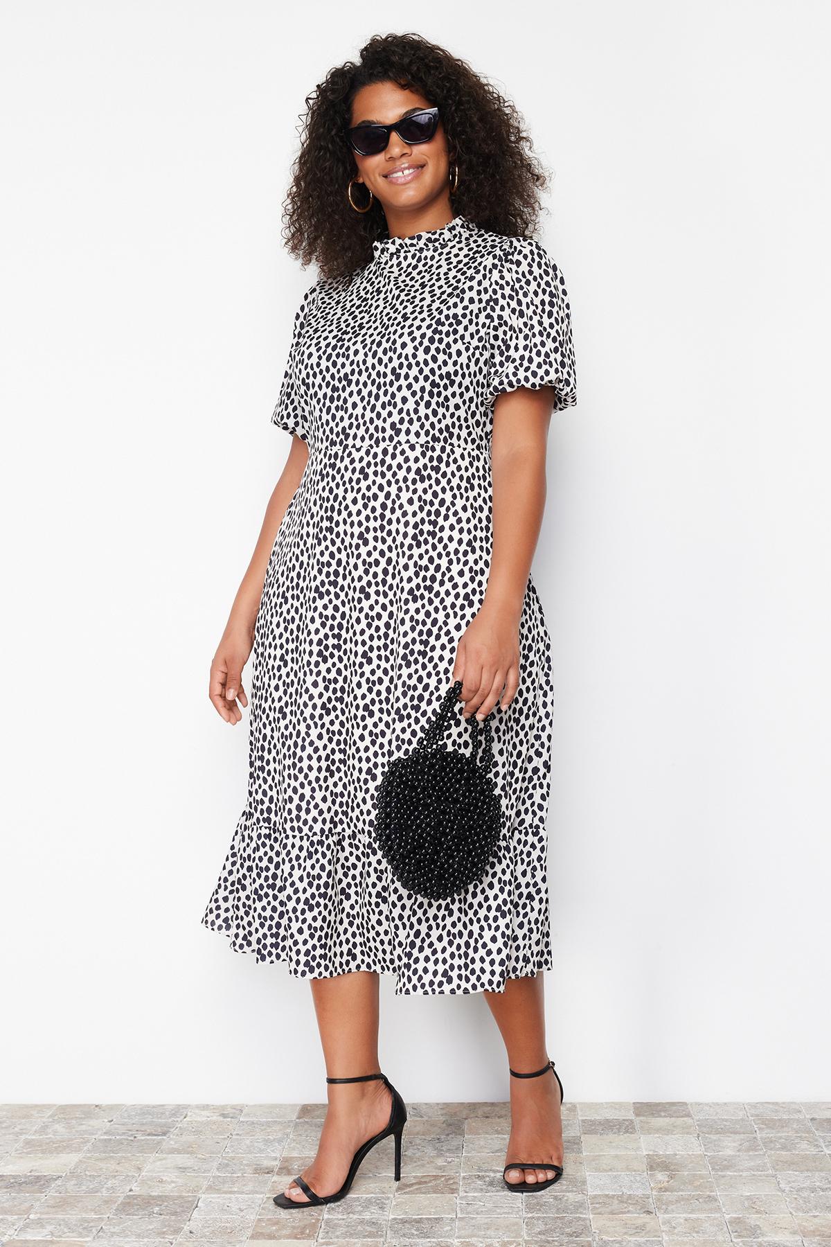 

Women s Plus Size Dress New Season Fashion Cream High Collar Animal Patterned Woven Dress