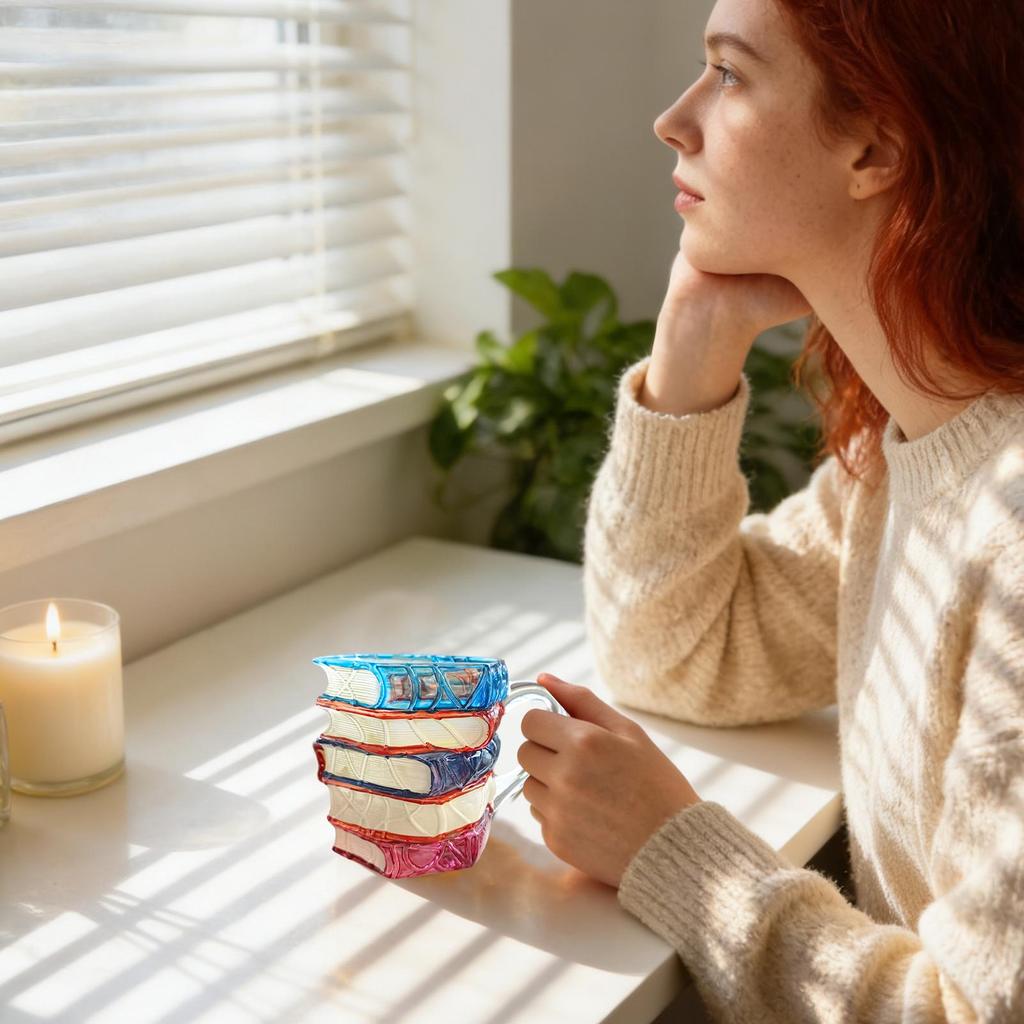 Bemalte Buchtasse 300ml 3D Bemalte Teetasse Buchstapel Kaffeetasse für Leser Autoren Lehrer Schüler Bibliothekare Geburtstag