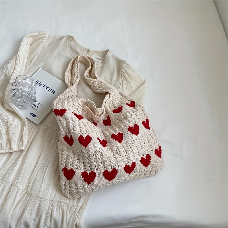 Valentine's Day Single Shoulder Tote Bag, Large Capacity Color-Block Heart Knit Casual Hobo Beach Bag for Women,Vacation, and Daily Use