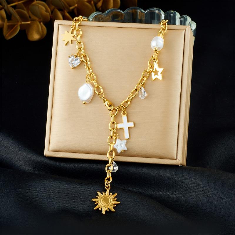 Multi Charm Gold Y Necklace with Pearl Sun Cross Pendant