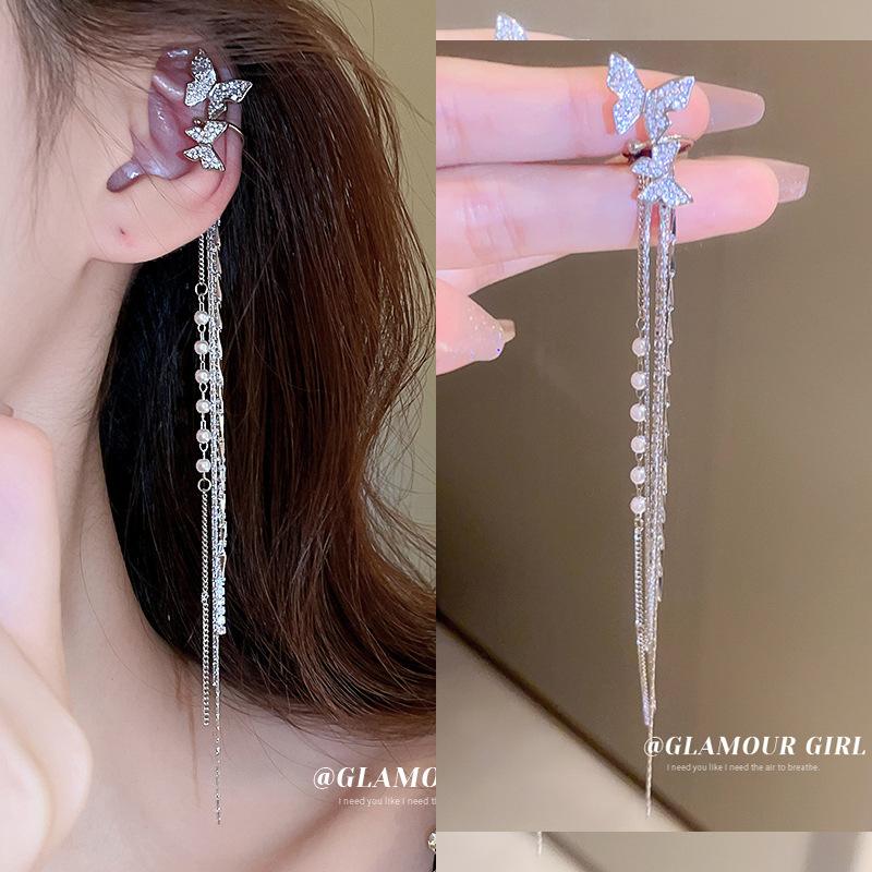 Butterfly Pearl Ear Clips Niche Long Tassel Without Ear Piercings Earbone Clips Earrings Women