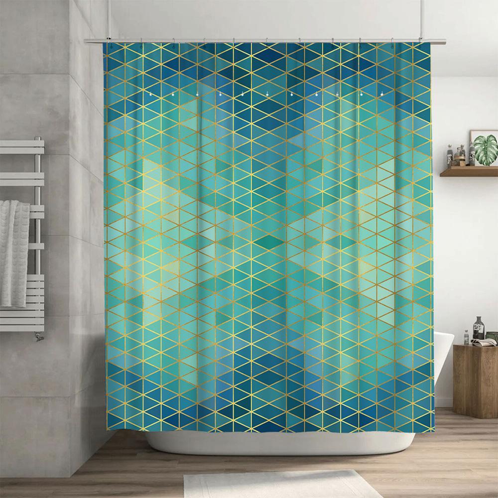 Modern Geometric Bathroom Shower Curtain Set For Home Decor Blue And Gold Colorful Pattern Waterproof Fabric (180X180Cm)