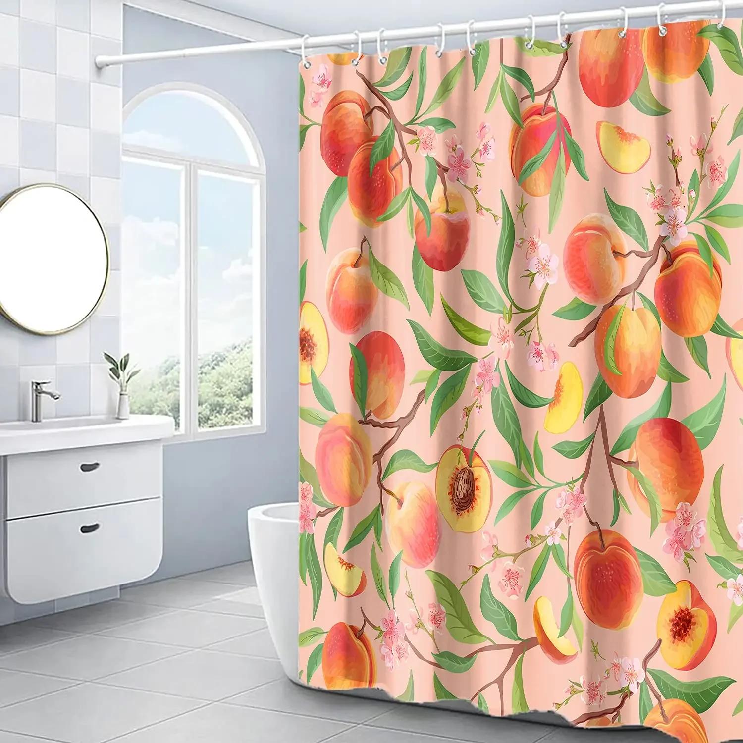 

Pink Cute Peach Shower Curtain For Girly Bathroom,Orange Fruit Floral Colorful Bathroom Curtain Set Waterproof Fabric With Hooks W60H190(CM)-1 Pcs
