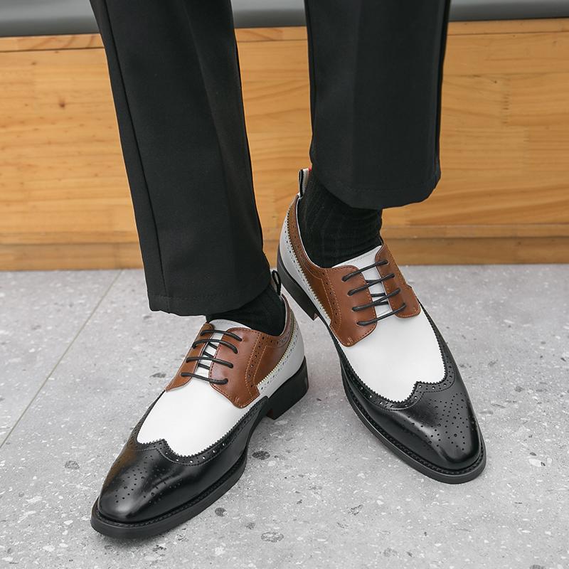 Men Pointed Leather Shoes Handmade High Quality Casual Oxford Business Work Shoes Fashion Color Block Lace-up Comfortable Shoes