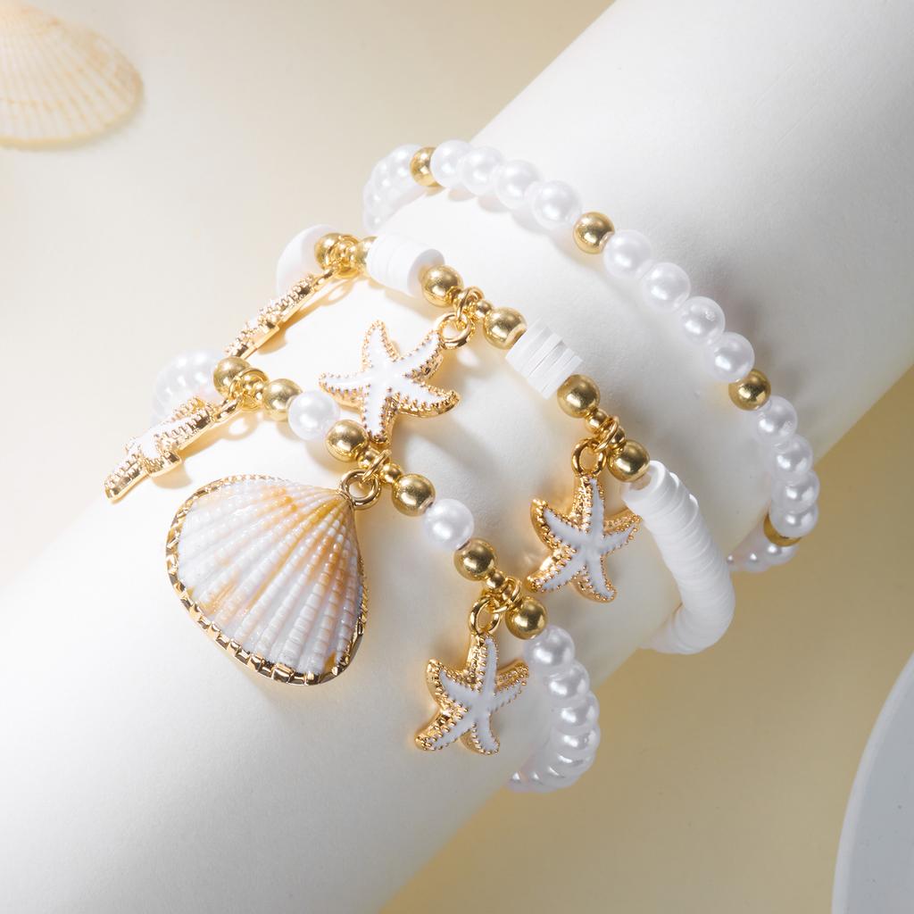 Fashion Polymer Clay Beaded Stretch Bracelets Set for Women Starfish Shell Pendant Stackable Bracelets Summer Beach Jewelry