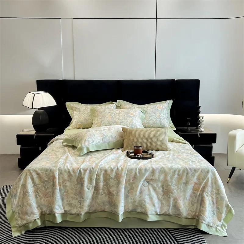 New Floral Pastoral Tencel Summer Quilt Four-Piece Set Of Ice Silk Cool Feeling 50 Summer Cool Quilts, Air Conditioner Quilt