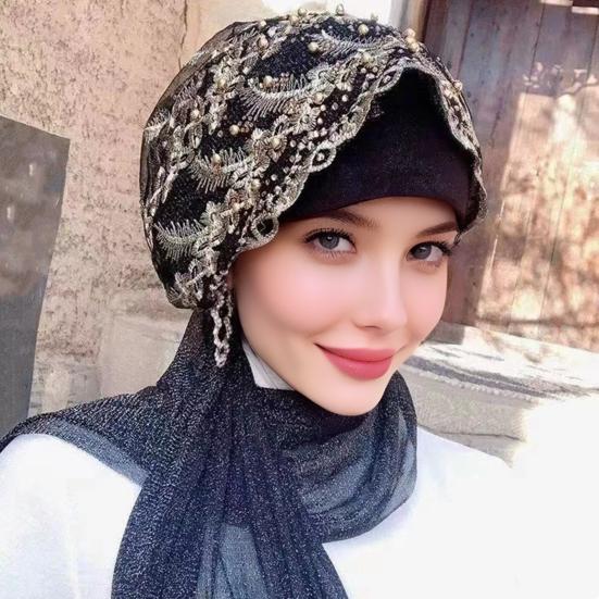 Krajkový strečový turban pro ženy, předvázaný šátek na hlavu
