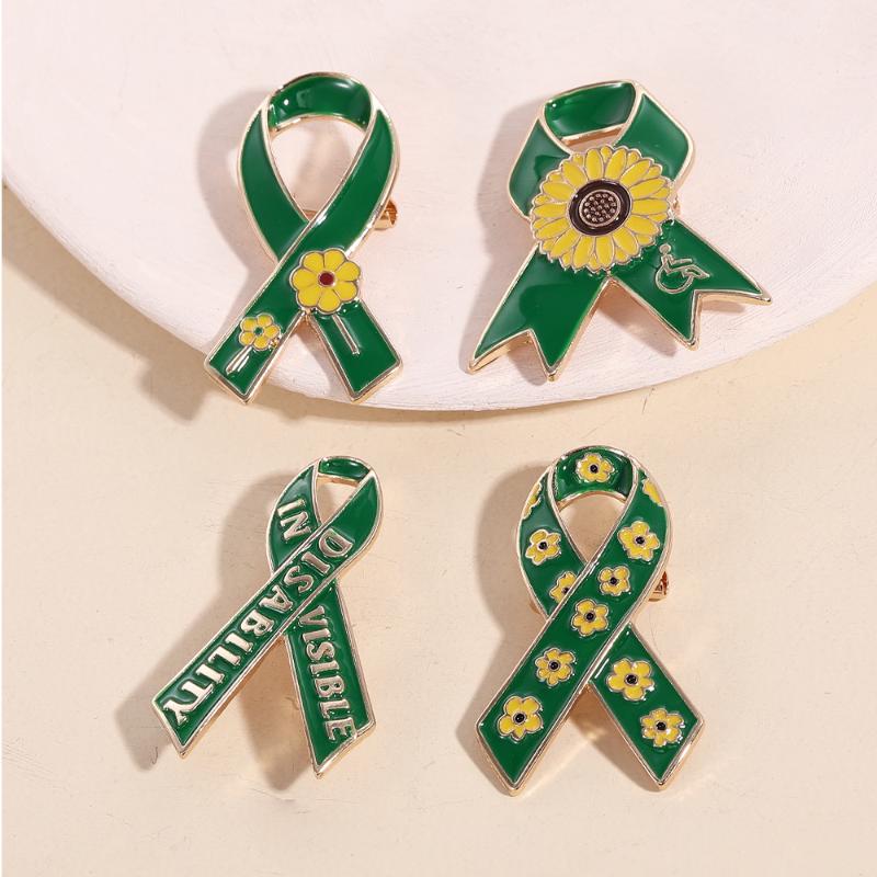 Sunflower Pattern Red Ribbon Theme Lapel Pins Green Disability In Visible Enamel Brooches For Disabled Person