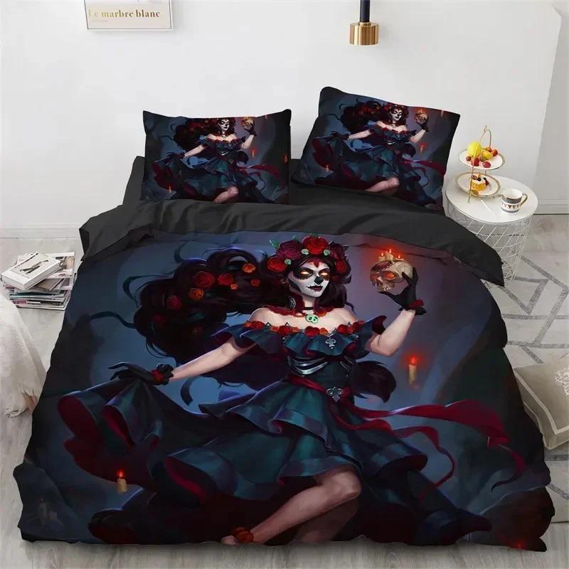 Skull Girl Day Dead Bride Dark Color Roses Bedding Set Boys Girls Twin Queen Size Duvet Cover Pillowcase Bed Kids Adult