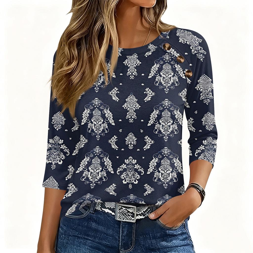 Womens 34 Sleeve Crew Neck Button T Shirt Geometric Pattern Pullover Casual Loose Fit Top for Daily Wear