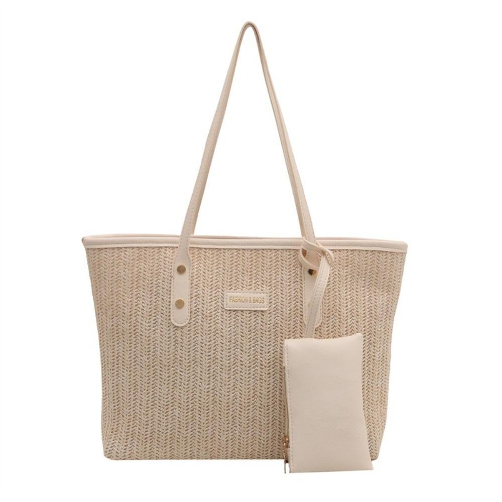PU Weave Tote Bag Large Capacity Beach Straw Handbag Sweet Straw Shoulder Bag  Summer белый