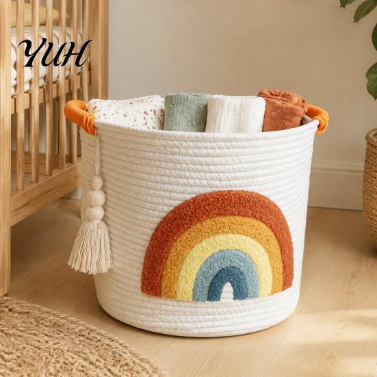 Foldable Sundries Holder Large Cotton Woven Storage Basket, Cartoon Embroidery Toy Organizer Bin, Soft Fabric Container Capacity with Reinforced