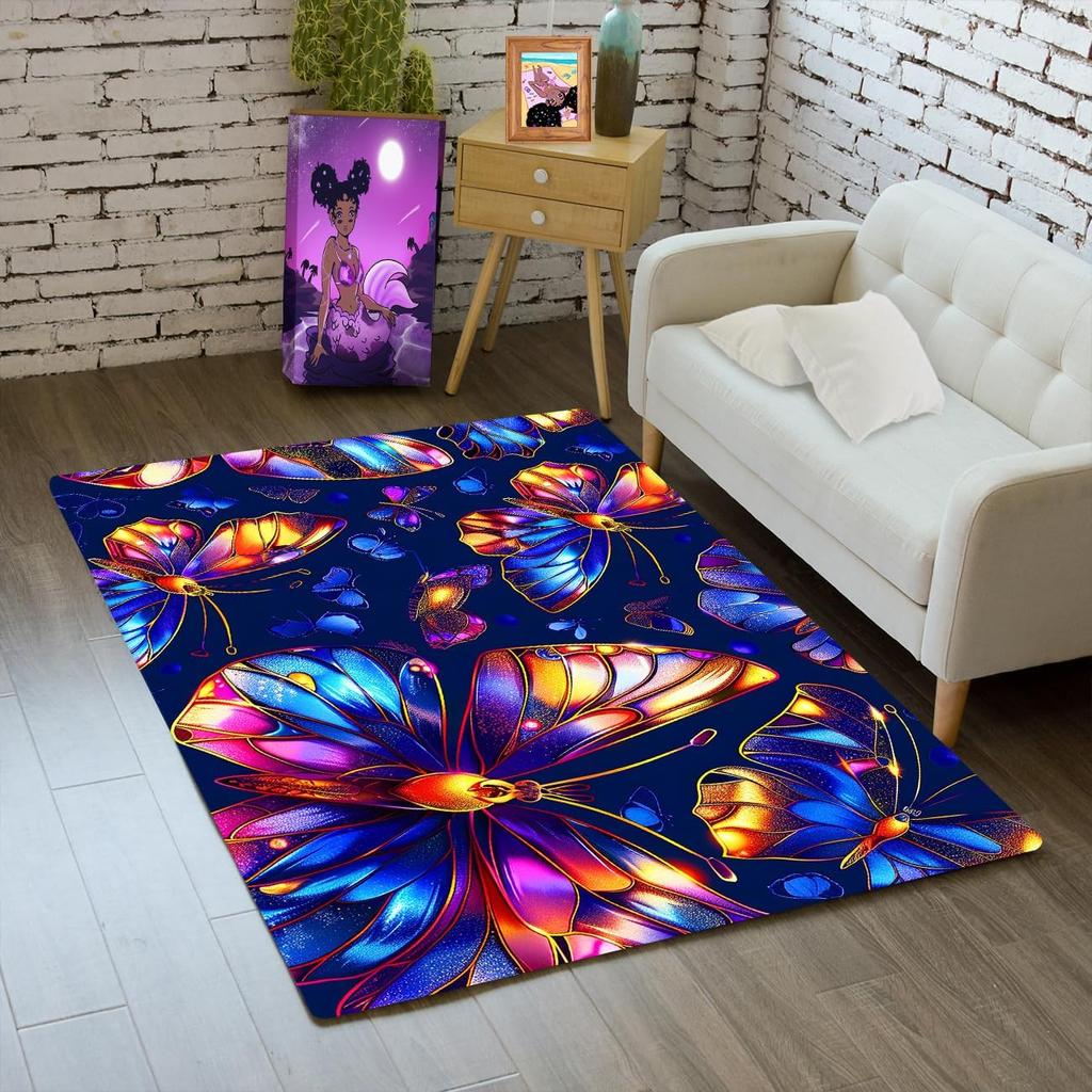 Butterfly Rug for Girls Bedroom - Floral Rugs for Living Room Dinning Room Butterfly Carpet Beautiful Flower Carpet Floor Mats