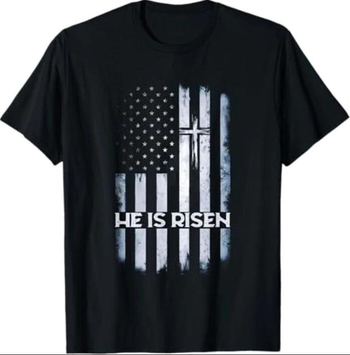Patriotic Easter American Flag He is Risen Boys Mens Easter T-Shirt L