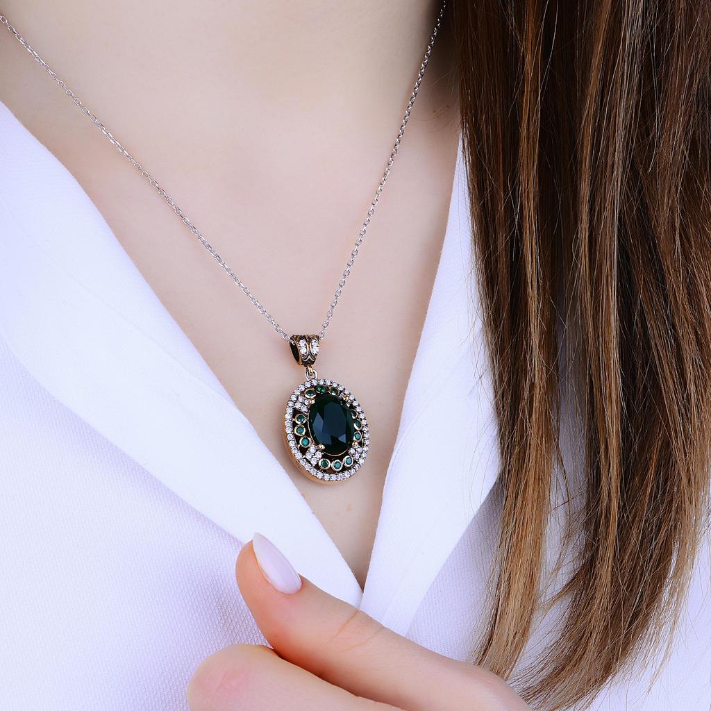 Oval Emerald Silver Necklace, Anatolia Inspired Silver Pendant Necklace, Ottoman Queen Jewelry, Luxury Women's Gift Idea