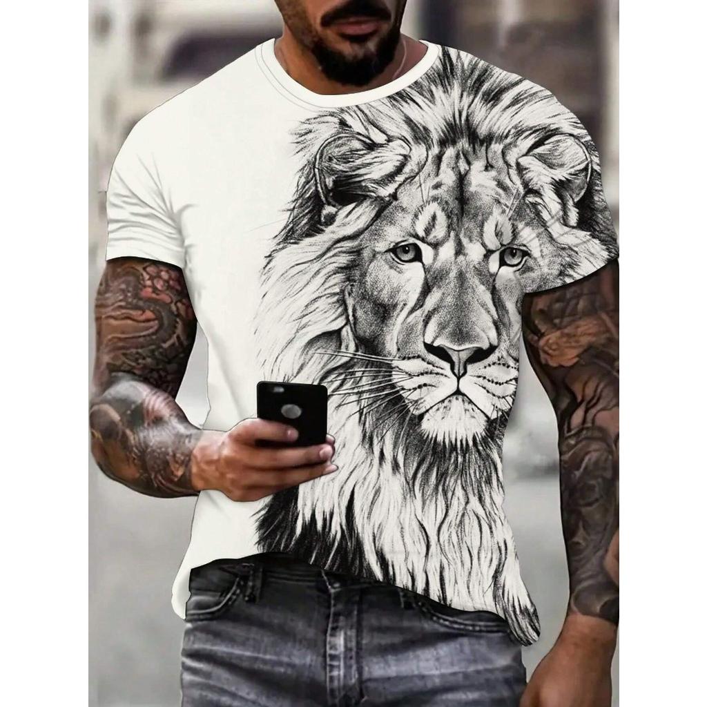 Summer Round Neck 3D Lion Pattern Print Top Fashionable Casual Short Sleeved Men's T-shirts