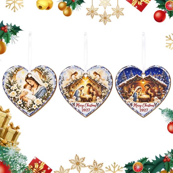 Heart Shaped Nativity Pendants Wooden Hanging Ornament for Christmas Tree Decorations, Retro Religious Vintage Style Holiday Tags Scene Garland