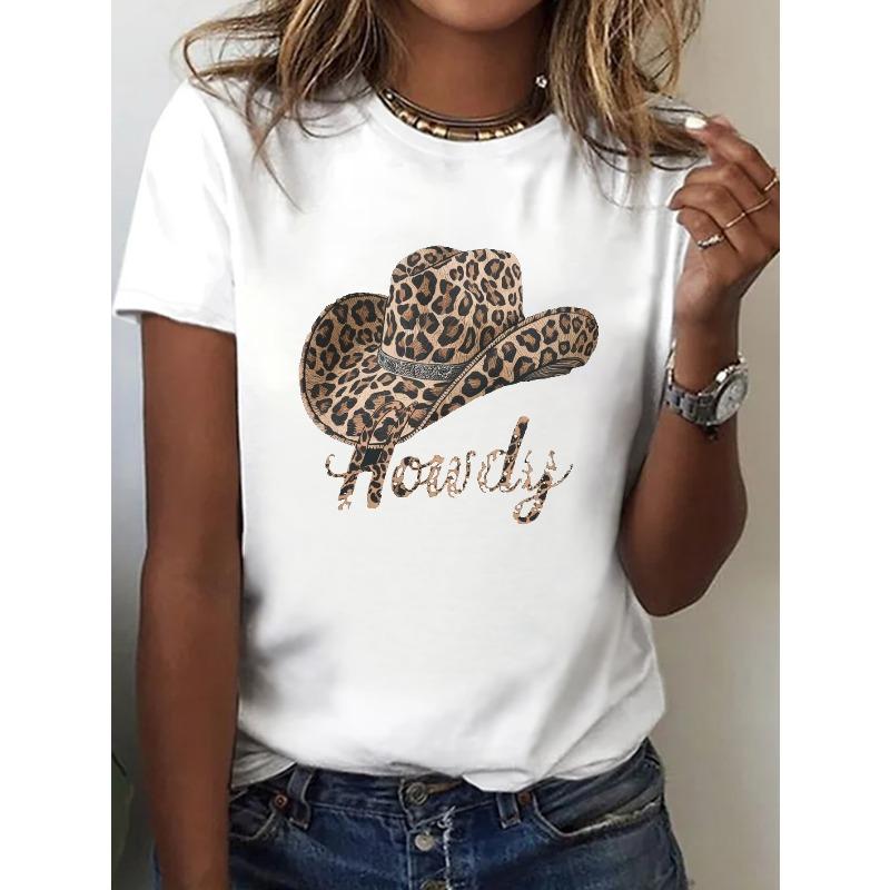 

Howdy Leopard Print Cowboy Hat Print T-shirt, Short Sleeve Crew Neck Casual Top for Summer & Spring, Women s Clothing S белый