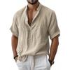 Men's Short Sleeve Linen Blend Shirt, Loose Fit Solid Color Mandarin Collar Pullover Shirt, Breathable Casual Top