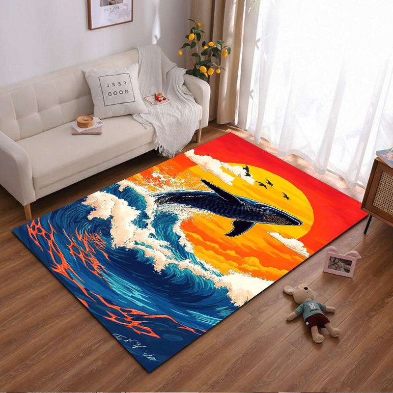 Whale Jumping in Sunset Ocean Art Non-slip rug suitable for living room and bedroom sofas