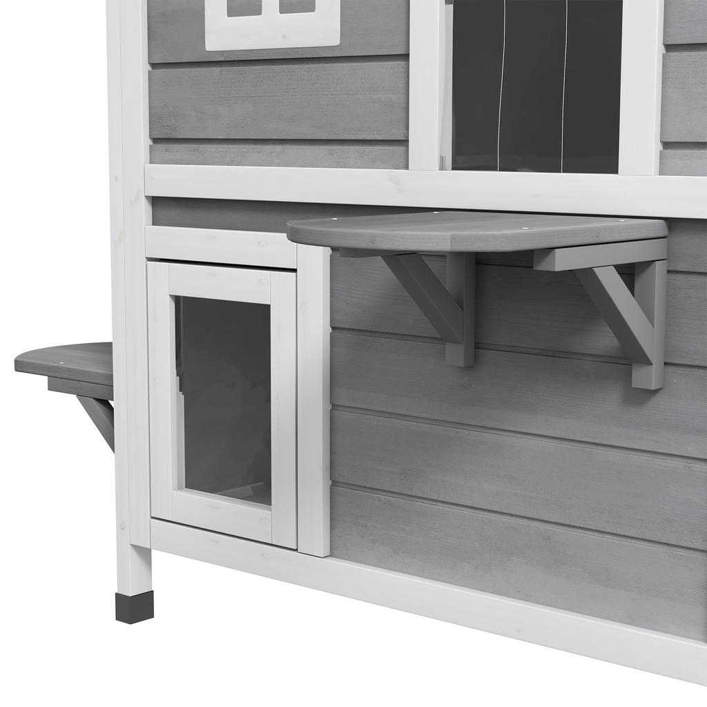 2-story Cat House Outdoor, Weatherproof Wooden Cat Enclosure with Escape Door, Openable Roof, Jumping Platforms, Grey