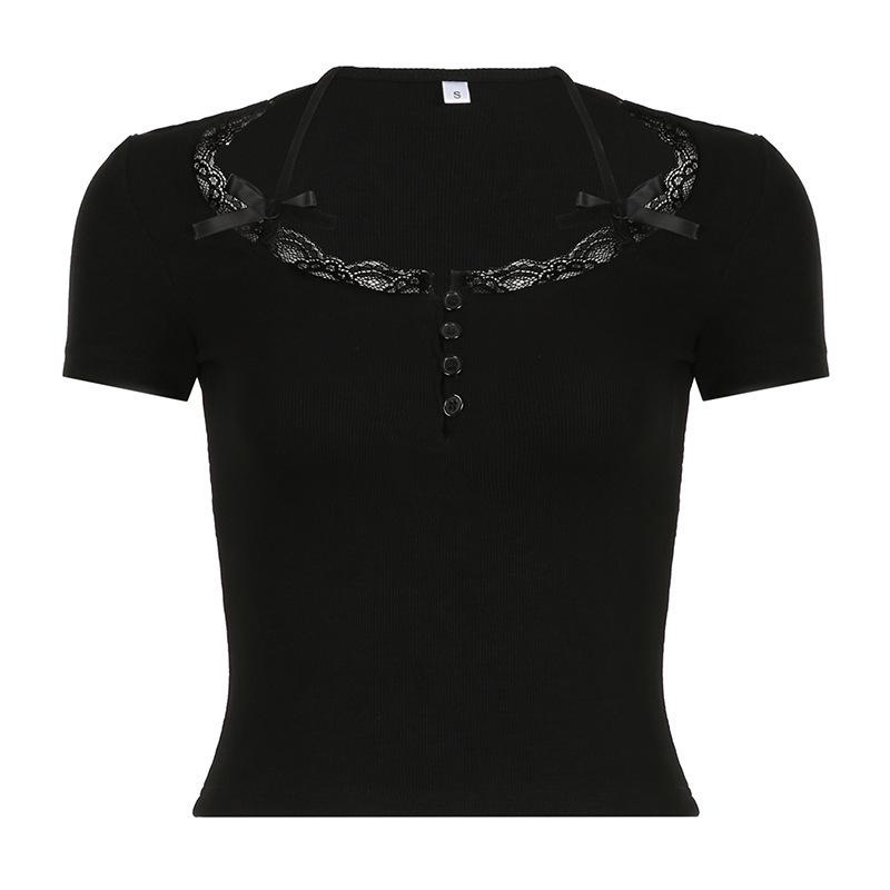 

Sexy Lace Trim Bodycon Square Neck Long Sleeve Top Small