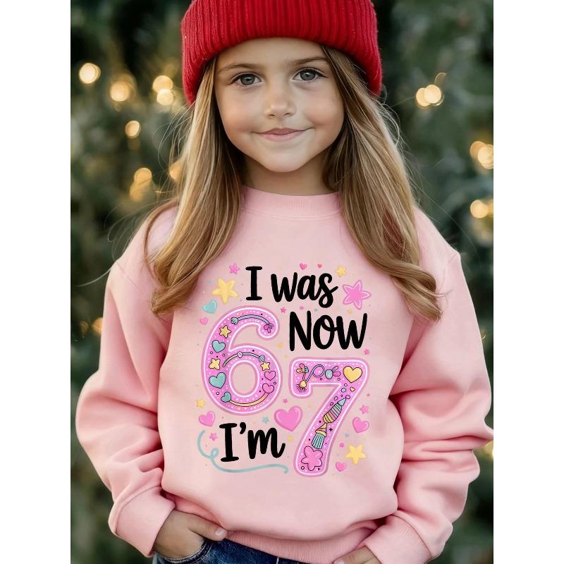 Unisex Kids Black Crewneck Sweatshirt For 4-12 Girls I Was Six Now I'm Seven Heart Star Party Horn Number 67 Print Soft Fleece Long Sleeve Pullover