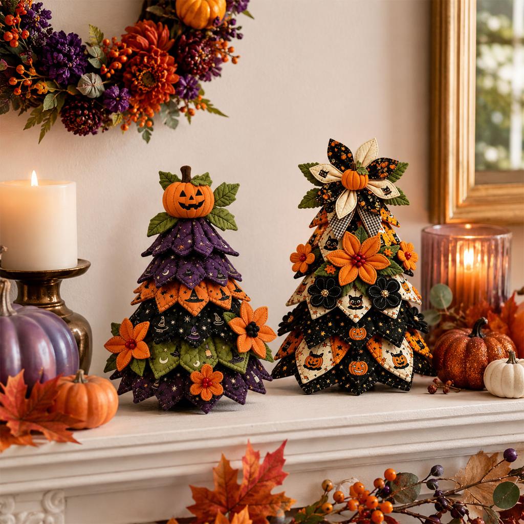 Halloween Patchwork Christmas Tree Decoration, 15-Piece Holiday Festive Ornament Set for Party
