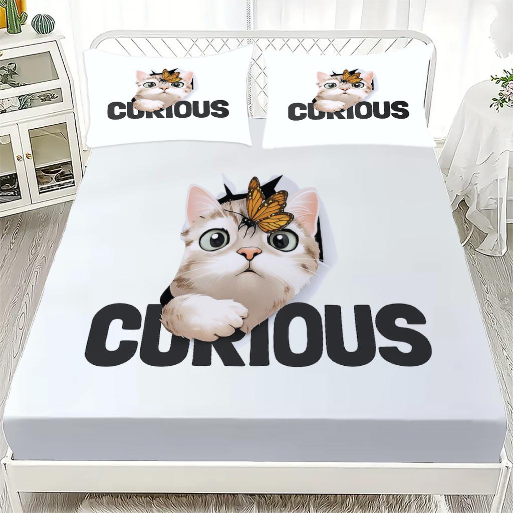 3pcs White Fitted Sheet Set Lovely Cartoon Cat Dog Print 100% Polyester Breathable Bedding Set for Home Decor with 2 Pillowcases