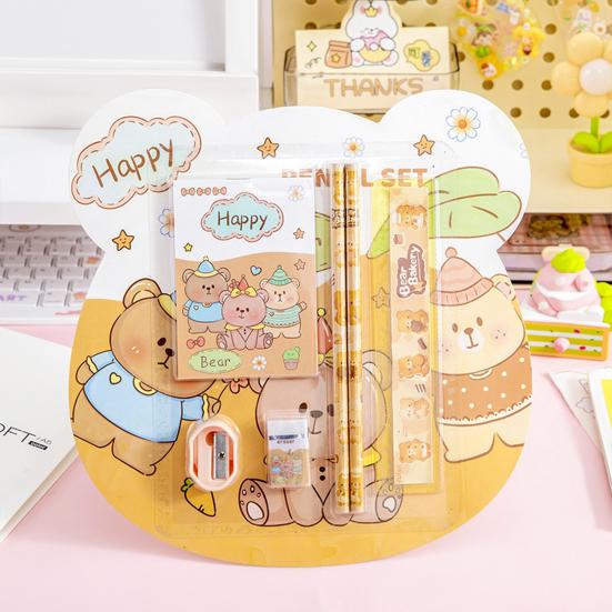 6Pcs/Set Kids Cartoon Stationery Set with 2 Pencils Eraser Sharpener Ruler Notebook Students School Supplies Classroom Prizes Children's Day Gifts