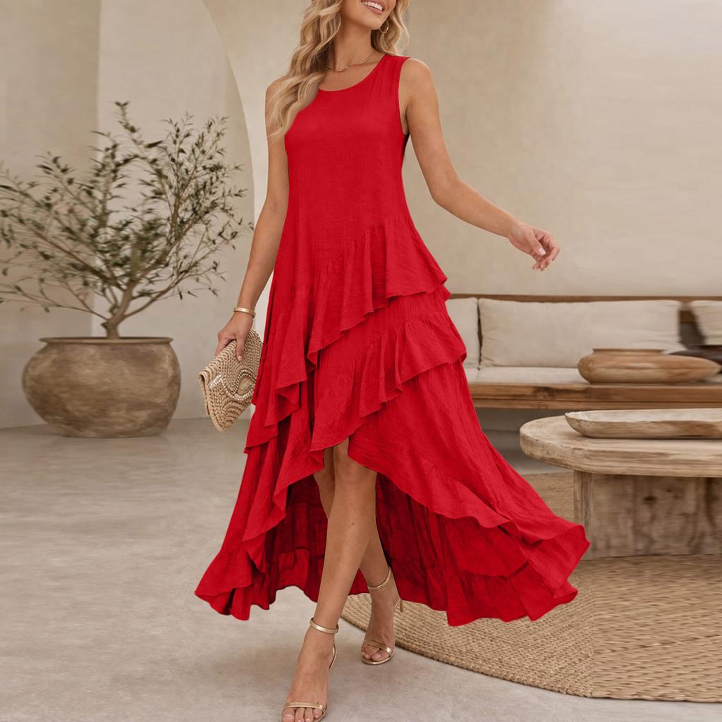 Damen Freizeitkleid mit unregelmäßigem Rüschensaum für den Urlaub - Ärmellos