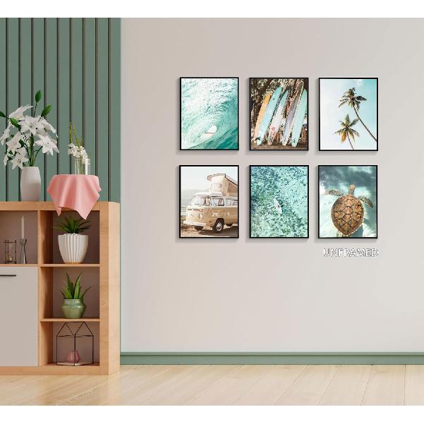 EVPYXFUT Set of 6 Tropical Beach Canvas Wall Art Surf Poster Summer Ocean Coastal Pictures Turtle Print Palm Tree Surfboard Gallery Paintings