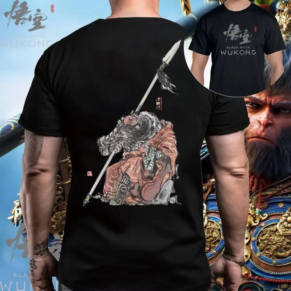 

Хлопковая футболка с принтом Black Myth Wukong, Wukong Game, узор с изображением группы, мужская футболка с коротким рукавом, футболка с Царем обезьян, топы S чёрный