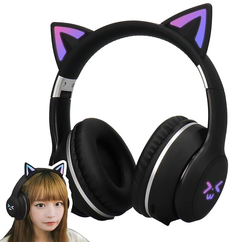 

[Ink chips] wireless cat ear headphones black black Bluetooth5.1 wireless With LED cute Sparkling rainbow color Built-in microphone Comes with