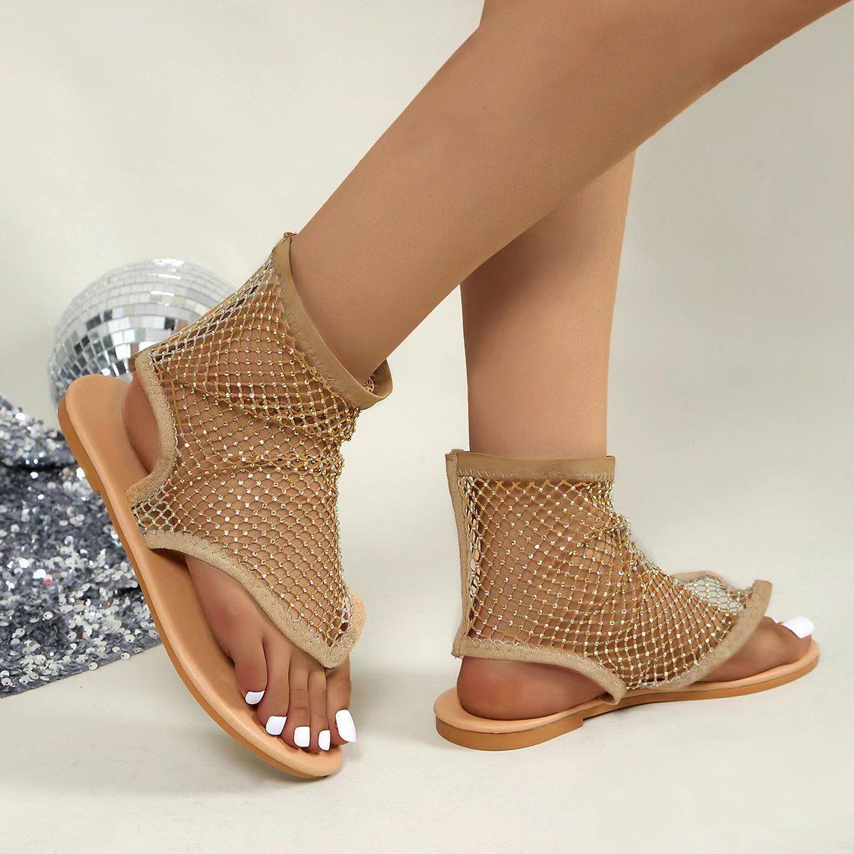 

2025 spring and summer new foreign trade large size women s flat sandals breathable net hot diamond toe sandals 43 бежевый