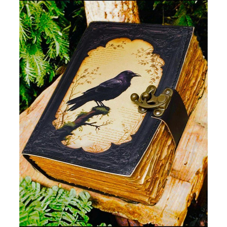 

Grimoire: Vintage Leather Journal, Blank Book of Shadows Deckle Edge Paper, Leather Sketchbook, Christmas Gift Crow Journal 7 x 5 in -* 200 Page