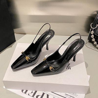 2025 Autumn and Winter New Black Patent Leather Sexy Elastic Back Empty Bag Head Sandals Women's Thin Heel Square Head High Heels