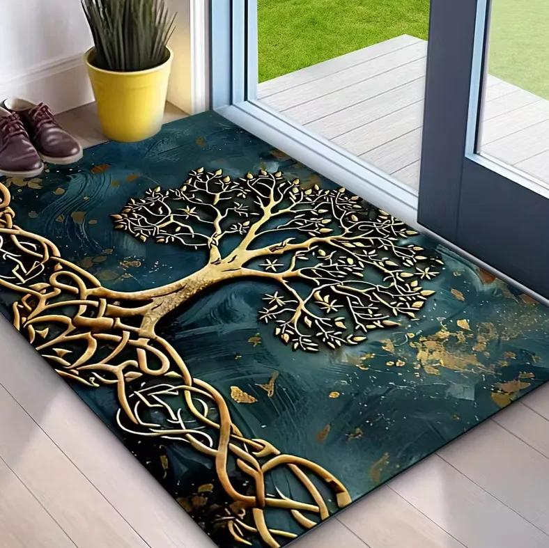 1pc Vegvisir&Tree of Life Welcome Mat Non Slip Machine Washable Flannel Rectangular Door Mat for Home Decoration Carpet