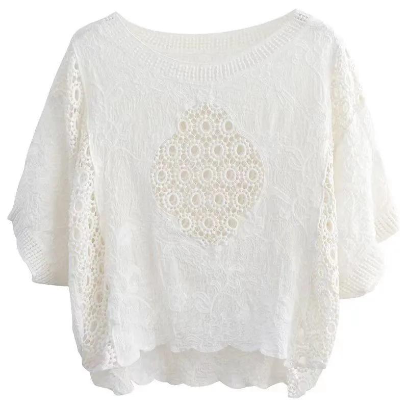 Women White Crochet Lace Openwork Batwing Sleeve Cover Up Top