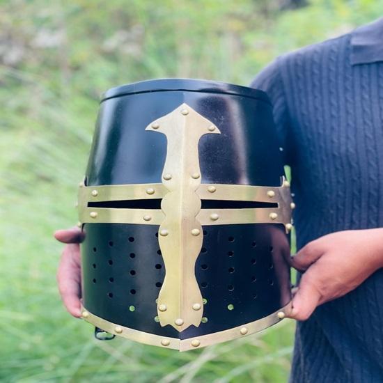 

Medieval Black Brass Crusader Templar Helmet Steel Brass Knight Armor Cosplay Helmet LARP Reenactment Gear Collectibles Gift