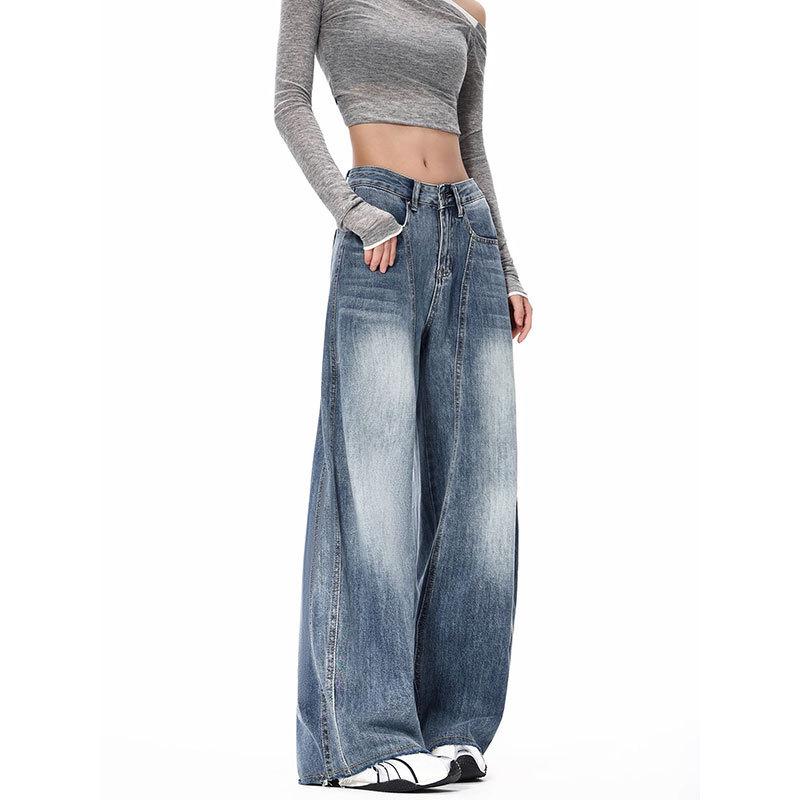 2025 Plus Size Retro Blue Wide-Leg High-Waisted Jeans for Women