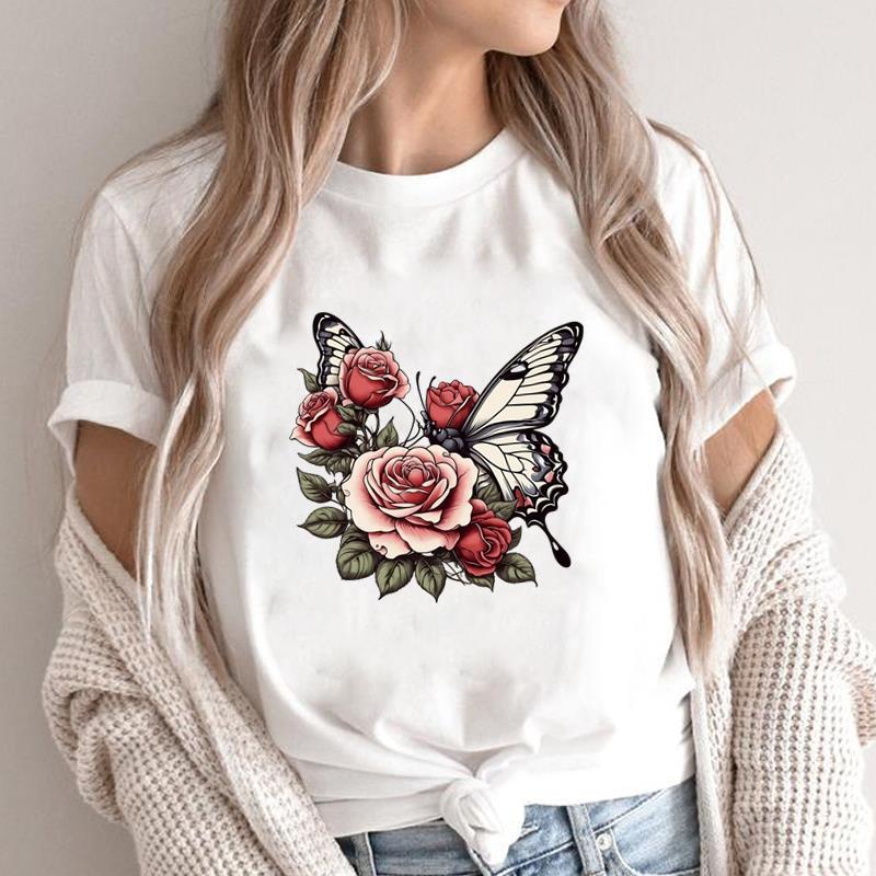 (Asian Size) Lovely Butterfly 90s Print Fashion Female Short Sleeve T-shirts Women's Top T Clothing Casual O-neck Graphic Tee